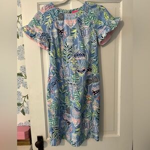 Lilly Pulitzer Floral Blue Dress with Ruffle Sleeves